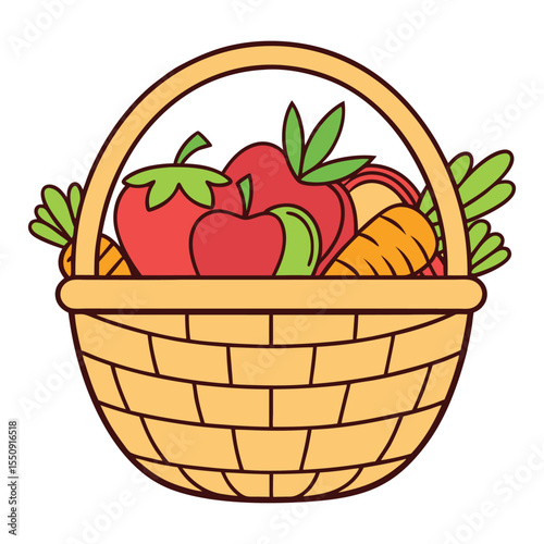 Cartoon wicker basket with fresh apples and carrots