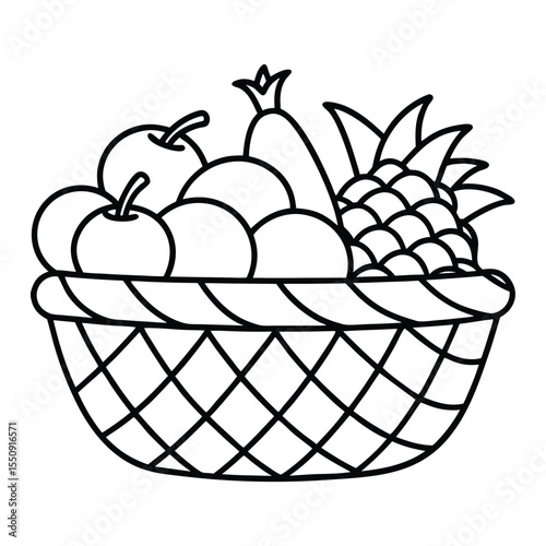 Fruit basket outline with apples and pineapple black and white vector