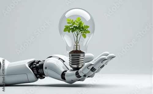 Interacción simbólica entre inteligencia artificial y naturaleza, con una bombilla que contiene brotes verdes como metáfora del futuro energético consciente y colaborativo