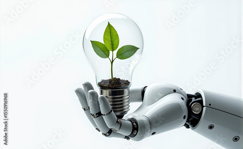 Interacción simbólica entre inteligencia artificial y naturaleza, con una bombilla que contiene brotes verdes como metáfora del futuro energético consciente y colaborativo