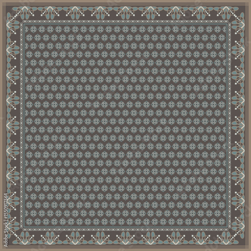 Hijab scarf flower abstract pattern.Ethnic geometric ornament with frame motif border hijab pattern.Design for fabric,print,scarves,shawl,kerchief,bandana,clothing,pareo,pillows,tablecloth,decoration.