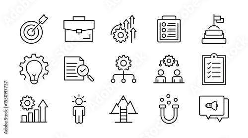 Creative business solutions linear icon set. Business strategy, business solutions, action List, research, solution, team, startup, business process, management vector icon set. UI thin line icon pack