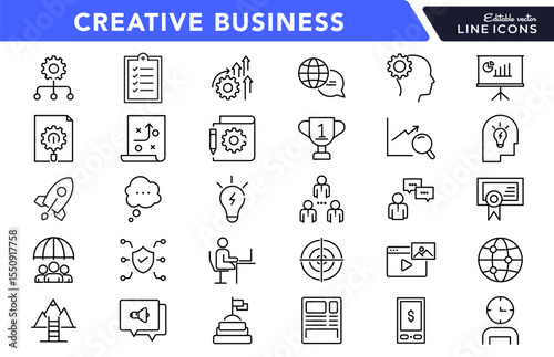 Creative business solutions linear icon set. Business strategy, business solutions, action List, research, solution, team, startup, business process, management vector icon set. UI thin line icon pack