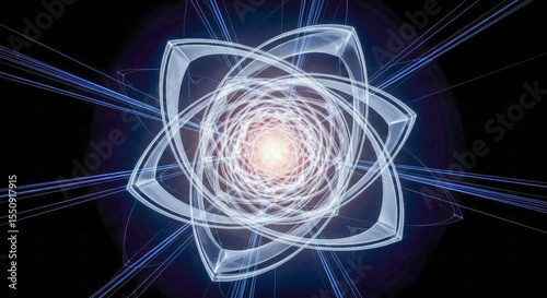 A swirling, luminous abstract design resembling a stylized atom or flower, with a bright core and radiating lines, set against a dark background.