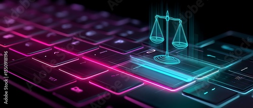 Digital scales of justice on a glowing keyboard