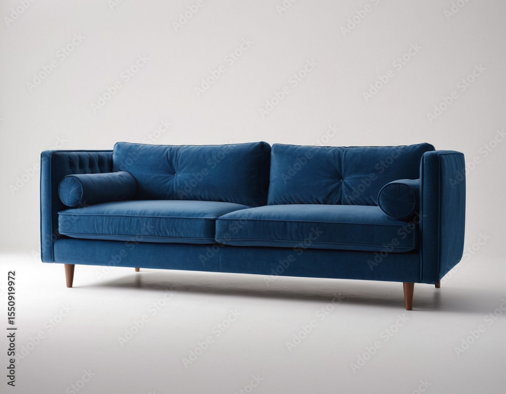 Fototapeta premium Blue Comfy Velvet Sofa Inside a Cozy Room, Elegant and Inviting Interior