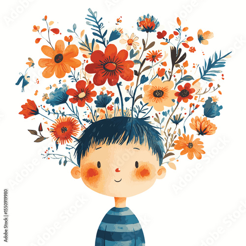 Flowers in kid heads. watercolor painting vector illustration. boy and nature. conceptual artwork of dream,hope, mind, education, vector style simple color
