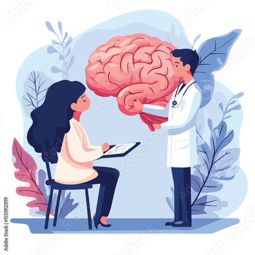 Cartoon flat tiny doctor, psychologist character check brain health