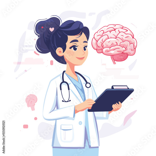 Cartoon flat tiny doctor, psychologist character check brain health
