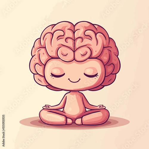 Cute brain in the lotus position. Mental health. Cartoon design
