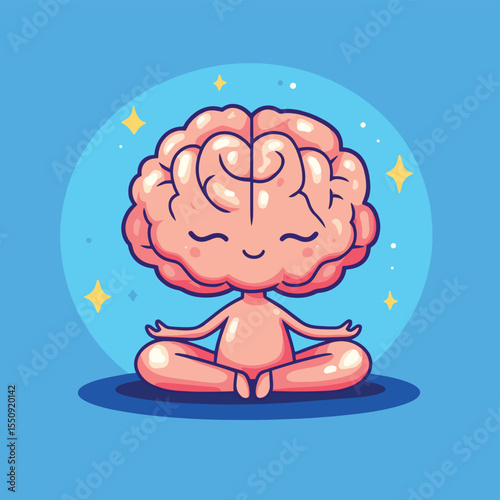 Cute brain in the lotus position. Mental health. Cartoon design