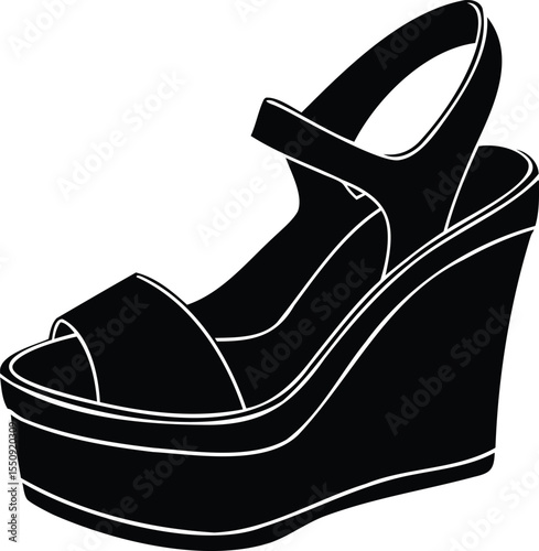 Elegant black wedge heel sandal with ankle strap and open toe