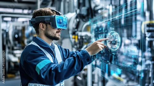 A man wearing augmented reality glasses interacts with a futuristic digital interface in an industrial setting.