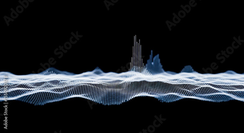 A luminous white digital landscape with rising peaks and valleys against a stark black background, representing data visualization or sound waves.