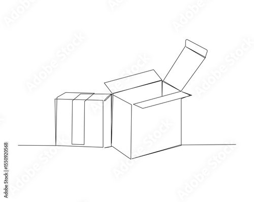 Opened cardboard outline drawing illustration. one continuous line drawing of cardboard.