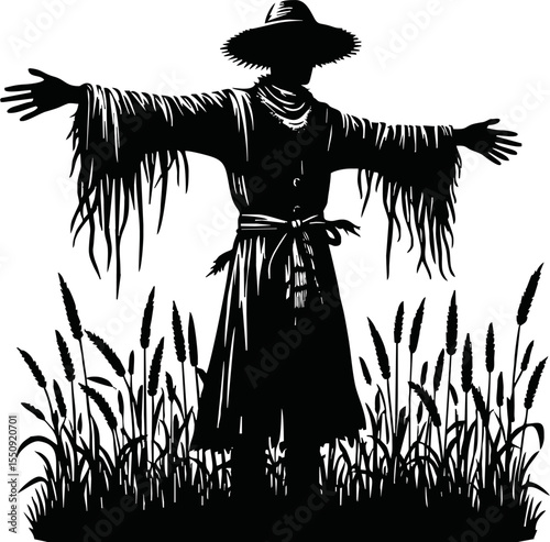 silhouette Scarecrow with outstretched arms standing  vector style on white background