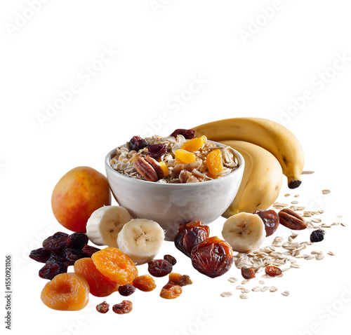 A sympathetic scene with muesli, fruit, and dried fruits.