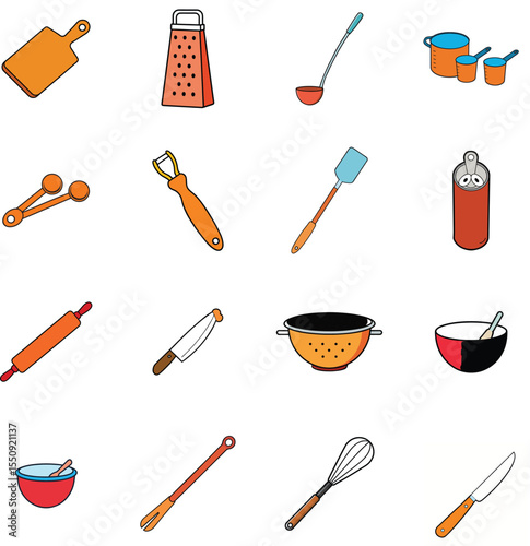 Fork, spoon, knife, plate, chef hat, and cloche or tray icon. Cutlery icon set in line and flat style. Dinnerware icon symbol. Restaurant sign and symbol. Vector