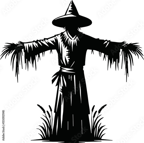 silhouette Scarecrow with outstretched arms standing  vector style on white background
