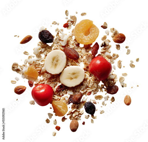 A sympathetic scene with muesli, fruit, and dried fruits.