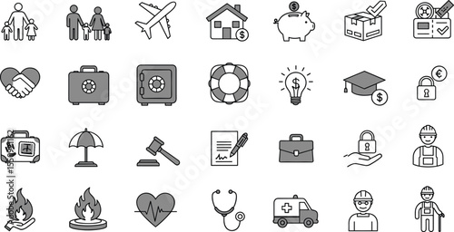 Insurance, finance, safety, travel, health, business, protection icons set, black line vector symbols, modern secure life elements, illustration.