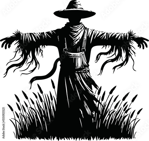 silhouette Scarecrow with outstretched arms standing  vector style on white background