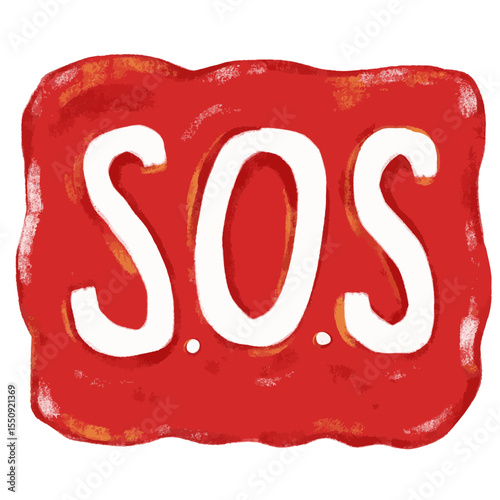Cute hand drawn emergency SOS text word lettering letters typography in red bubble chat cartoon doodle kids watercolor crayon illustration element clipart vector