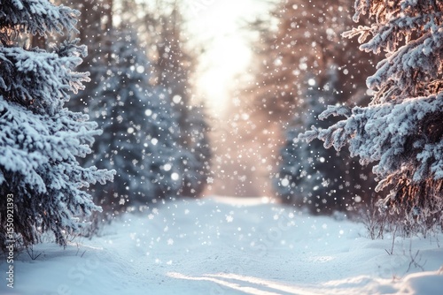 Winter forest path covered in snow