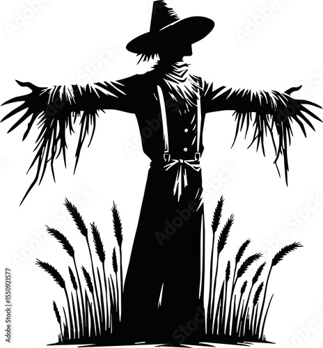 silhouette Scarecrow with outstretched arms standing  vector style on white background