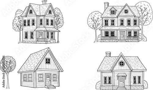 Vintage hand drawn house illustrations, traditional home sketches, black and white line art, architectural drawing, cottage, Victorian, farmhouse