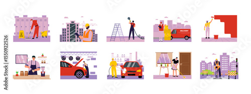Worker illustrations set. Flat vector illustration concept.