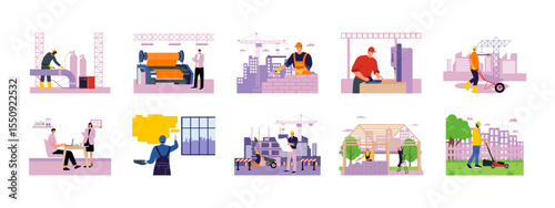 Worker illustrations set. Flat vector illustration concept.