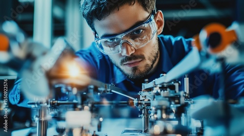 A focused engineer wearing safety glasses works meticulously on a high-tech mechanical device in a modern laboratory setting.