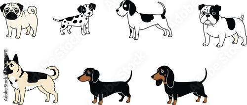 Cartoon dog breeds collection, cute puppy vector set, pet animal illustration, playful dog characters, flat design, isolated icons, pets