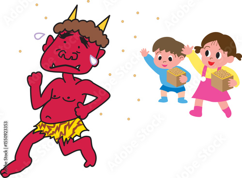 豆をまく子供と逃げる鬼

