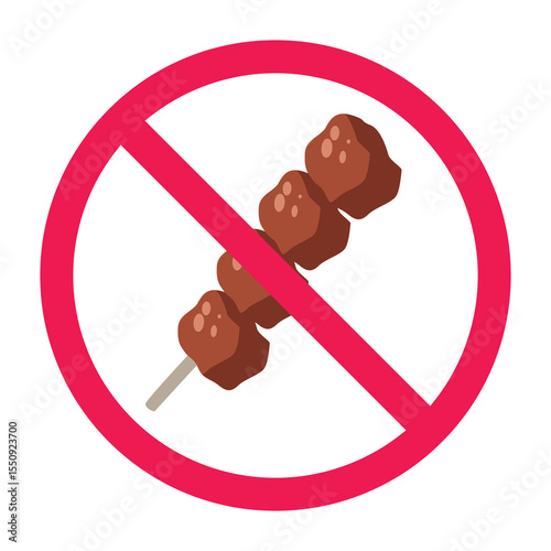 No satay sign, forbidden satay sign, prohibited satay symbol vector, skewered meat forbidden sign, grilled meat on stick not allowed
