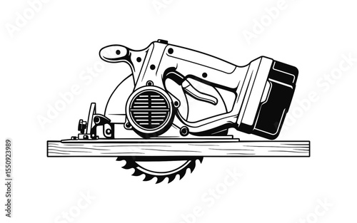 Circular Saw Cutting Wood Plank, High-Detail Vector Illustration