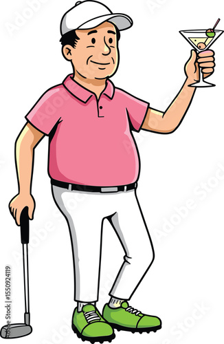 Cartoon golfer man holding cocktail, smiling senior in golf outfit, casual weekend leisure, relaxing with drink, white background clipart