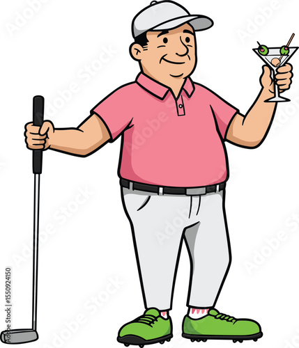 Cartoon golfer man holding cocktail, smiling senior in golf outfit, casual weekend leisure, relaxing with drink, white background clipart