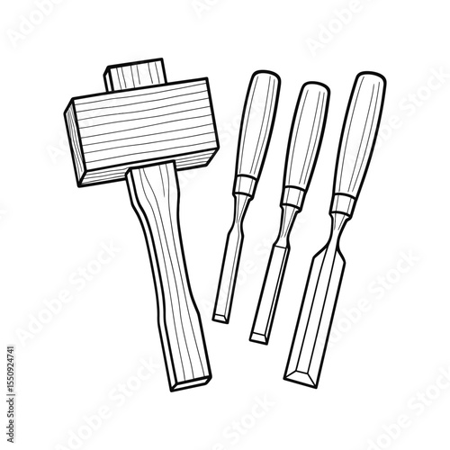 Classic Woodworking Tools: Mallet and Chisels Detailed Line Art