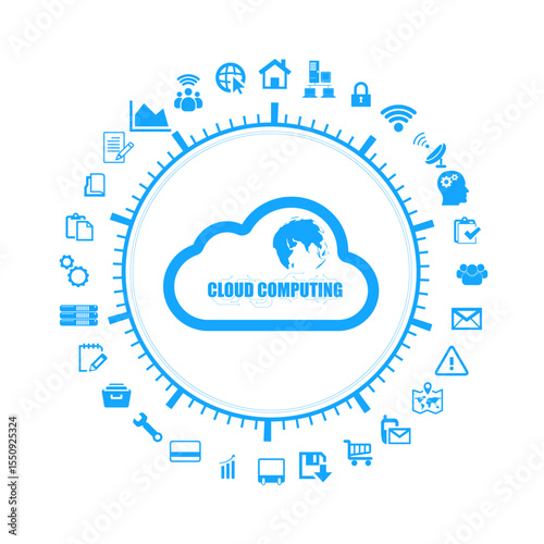 Modern cloud computing concept with digital technology icons surrounding a central cloud symbol for data, network, and internet connectivity