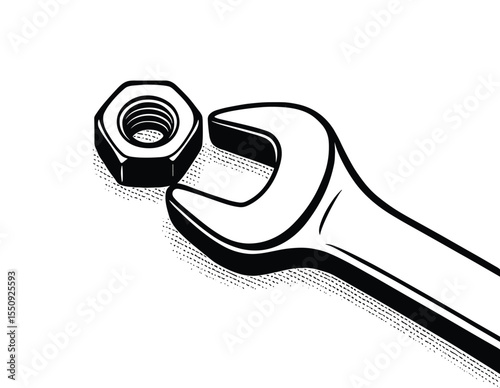 Black and white illustration of a wrench and a nut fixing