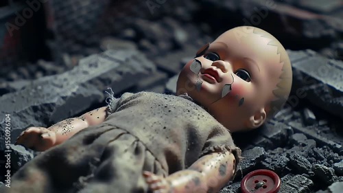 A broken doll lying amidst rubble