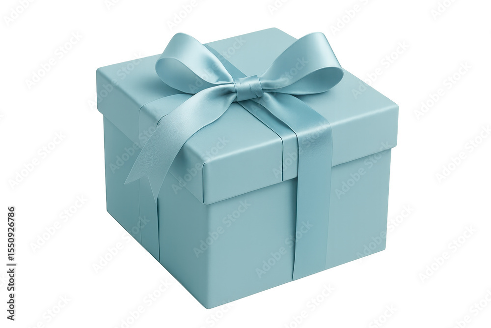 Fototapeta premium Light blue gift box featuring elegant ribbon bow, sitting against transparent background, highlighting festive packaging design