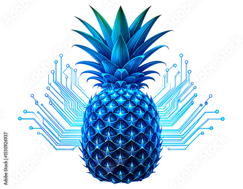 Digital Pineapple Concept with Neon Circuit Highlights, Isolated PNG Cutout