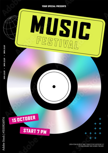 Pop music festival poster design template. Holographic vinyl record modern vintage retro style