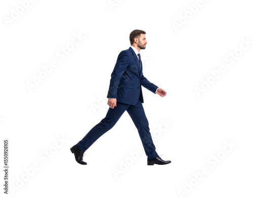 Confident businessman in navy blue suit walking side profile view serious expression dark shoes.