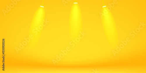 Abstract yellow gradient studio background. Empty room with light shining on the walls and floor.