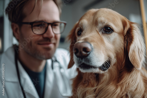 Veterinarian and Golden Retriever Dog Posing Together in Clean Pet Clinic Setting



