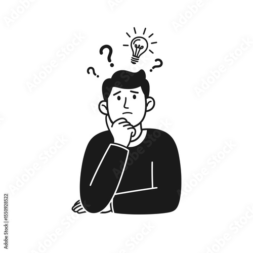 Man confused and thinking with question marks floating above – Vector Illustration
